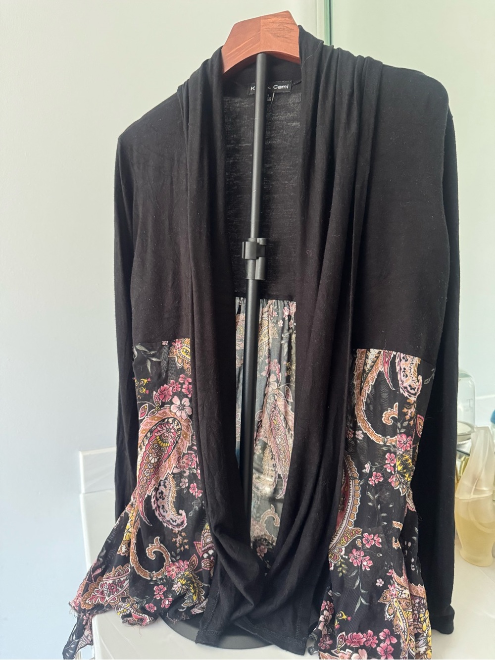 Kensie Black Open-Front Cardigan with Paisley Panels US Small